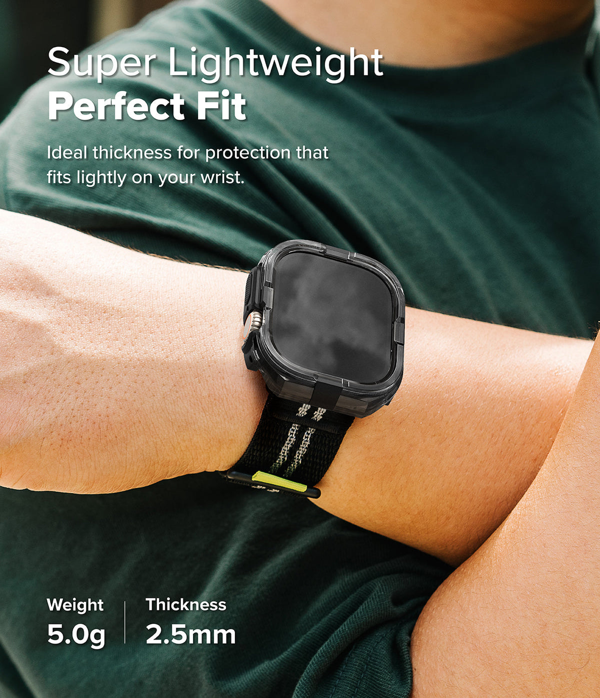 Apple Watch Ultra 3 / 2 / 1 Case | Fusion Bumper - Apple Watch Ultra Fusion Bumper - A black protective bumper case on an Apple Watch Ultra worn on a person's wrist.