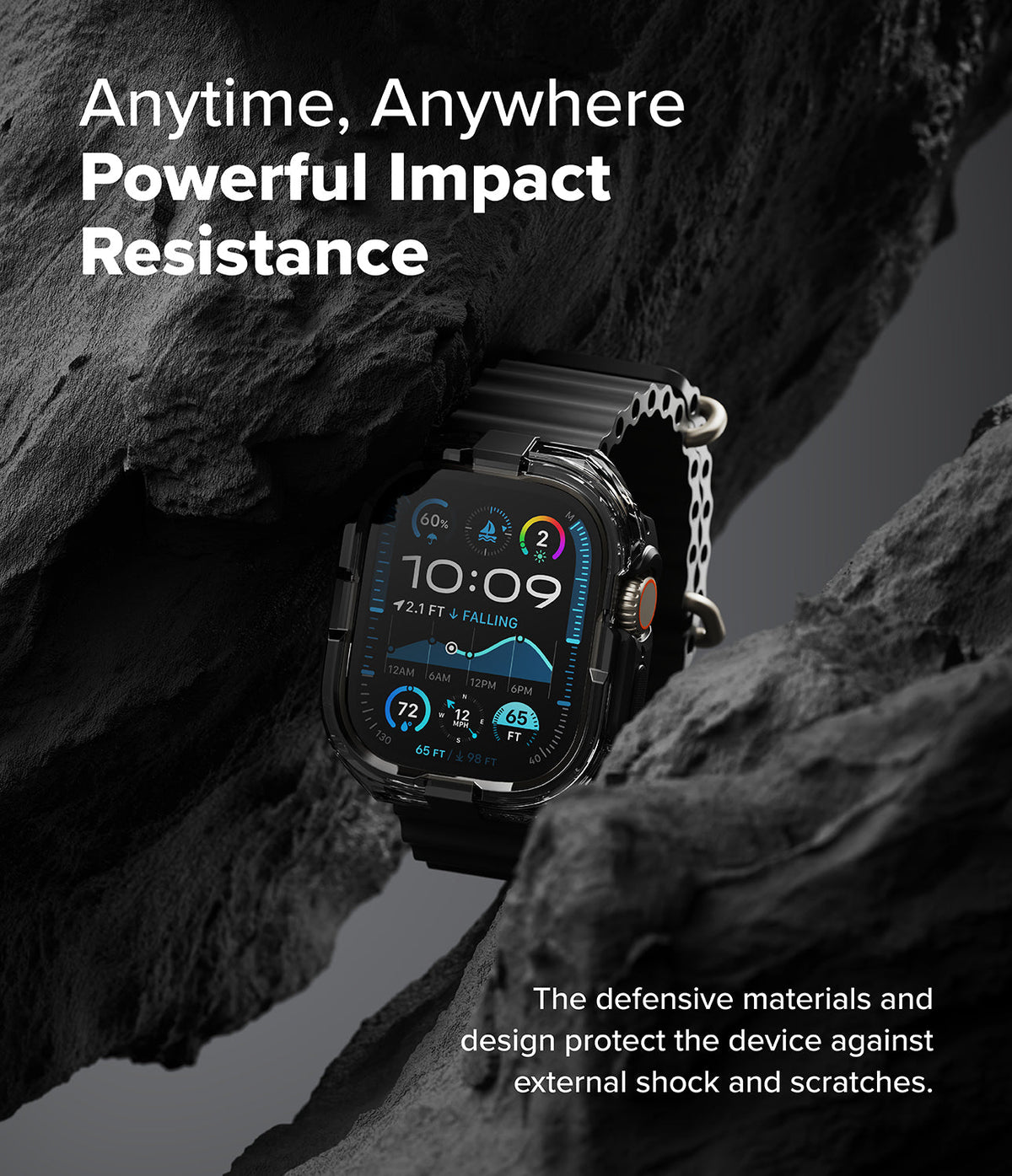 Apple Watch Ultra 3 / 2 / 1 Case | Fusion Bumper - A black Apple Watch Ultra in a clear protective bumper nestled in rock.