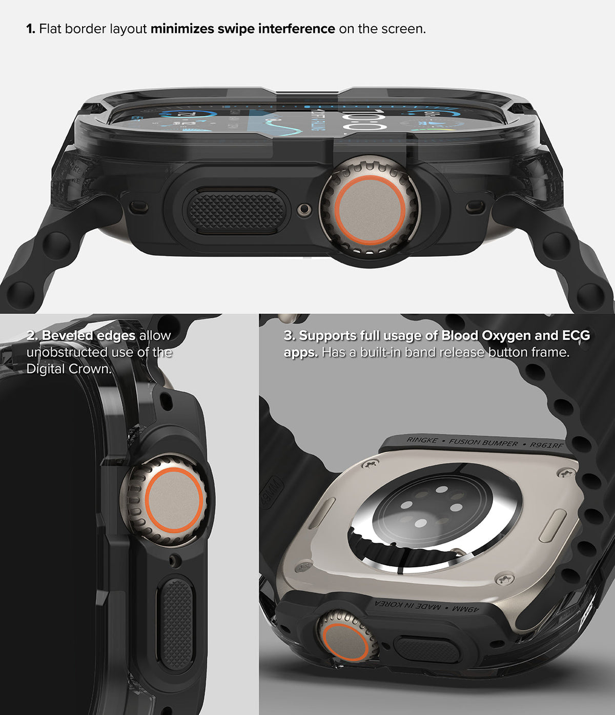 Apple Watch Ultra 3 / 2 / 1 Case | Fusion Bumper - Apple Watch Ultra Fusion Bumper - Three views showing the protective black case, flat borders, and sensor accessibility.