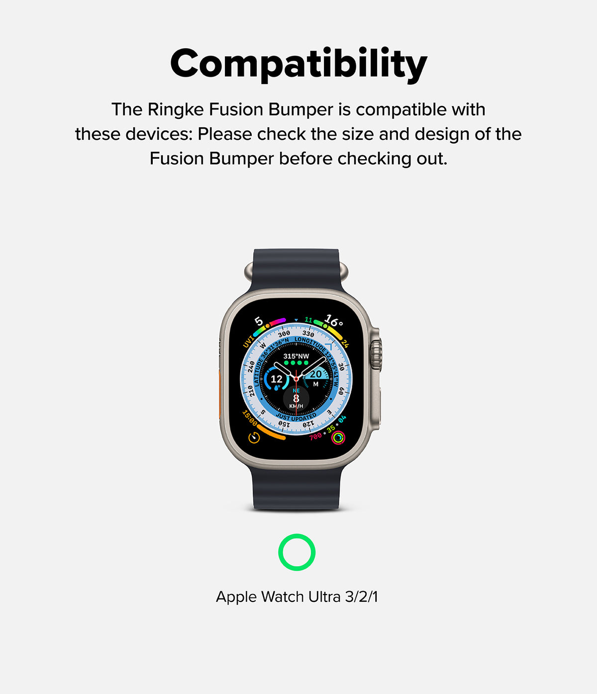 Apple Watch Ultra 3 / 2 / 1 Case | Fusion Bumper - Apple Watch Ultra with a black band and a green checkmark icon.