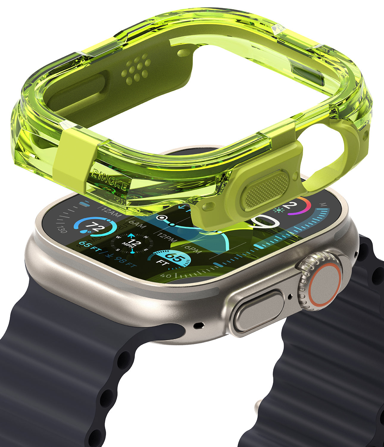 Apple Watch Ultra 3 / 2 / 1 Case | Fusion Bumper - Neon green protective bumper hovering above an Apple Watch Ultra.
