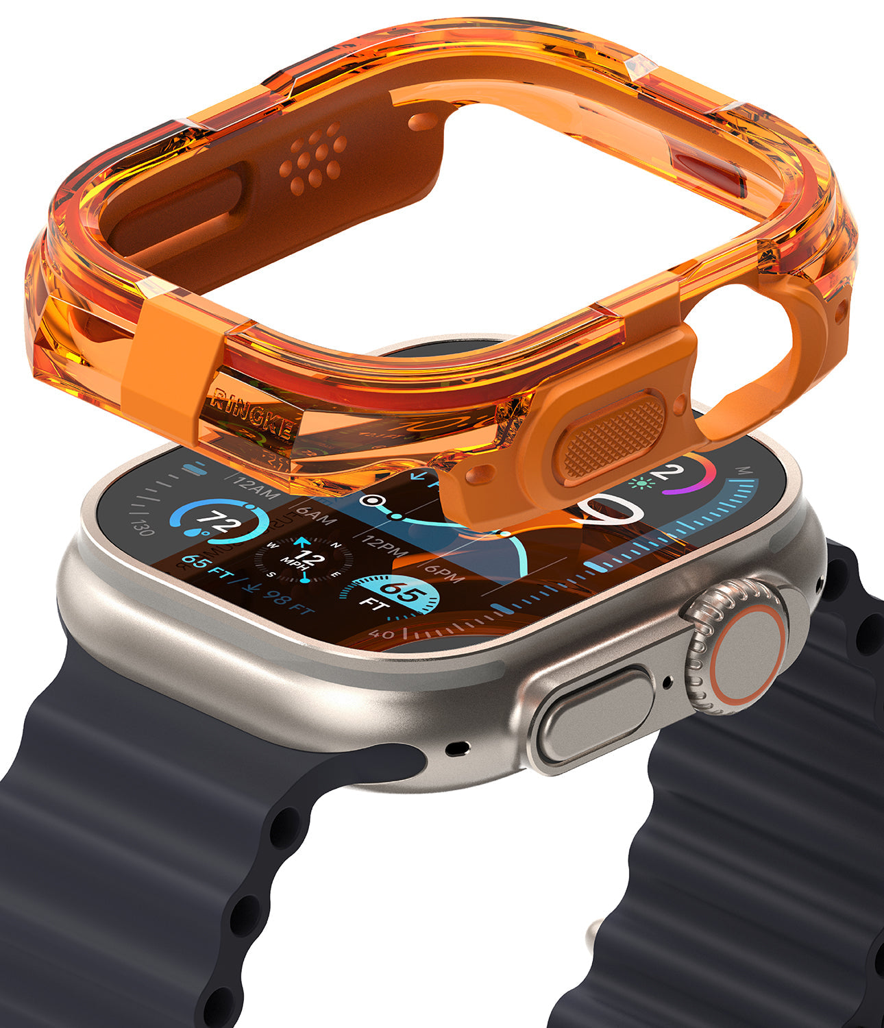 Apple Watch Ultra 3 / 2 / 1 Case | Fusion Bumper - Translucent orange protective bumper hovering above an Apple Watch.