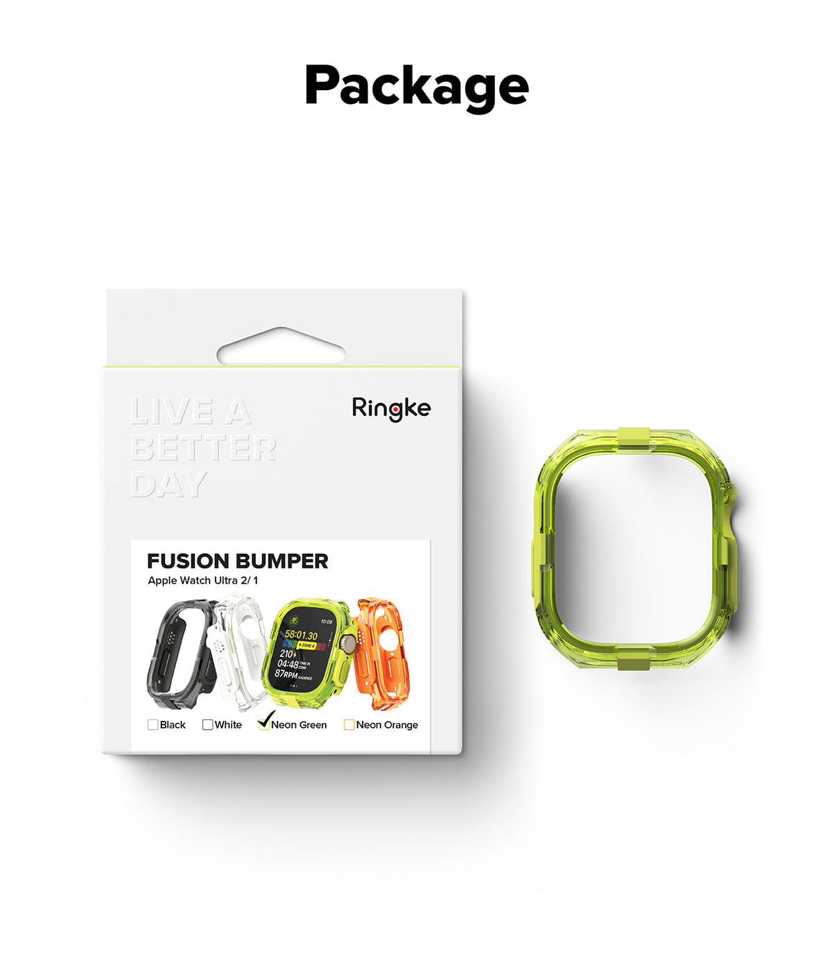 Apple Watch Ultra 3 / 2 / 1 Case | Fusion Bumper - Neon green protective bumper case next to its retail packaging.