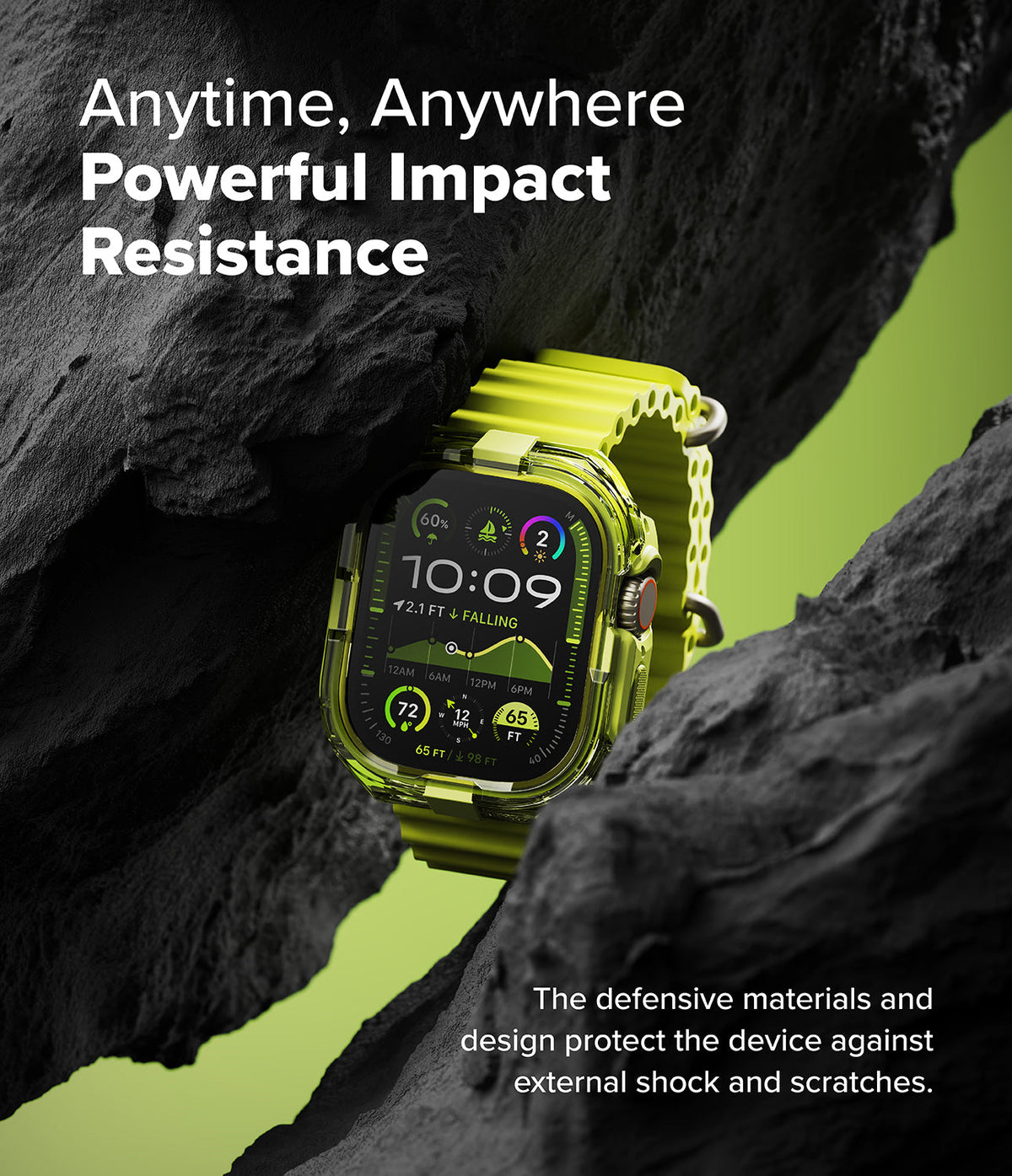 Apple Watch Ultra 3 / 2 / 1 Case | Fusion Bumper - Neon yellow Apple Watch with protective bumper nestled in dark rock.
