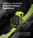 Apple Watch Ultra 3 / 2 / 1 Case | Fusion Bumper - Neon yellow Apple Watch with protective bumper nestled in dark rock.