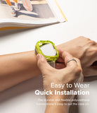 Apple Watch Ultra 3 / 2 / 1 Case | Fusion Bumper - Apple Watch Ultra Fusion Bumper - Hands installing a neon green, flexible protective bumper onto an Apple Watch Ultra.