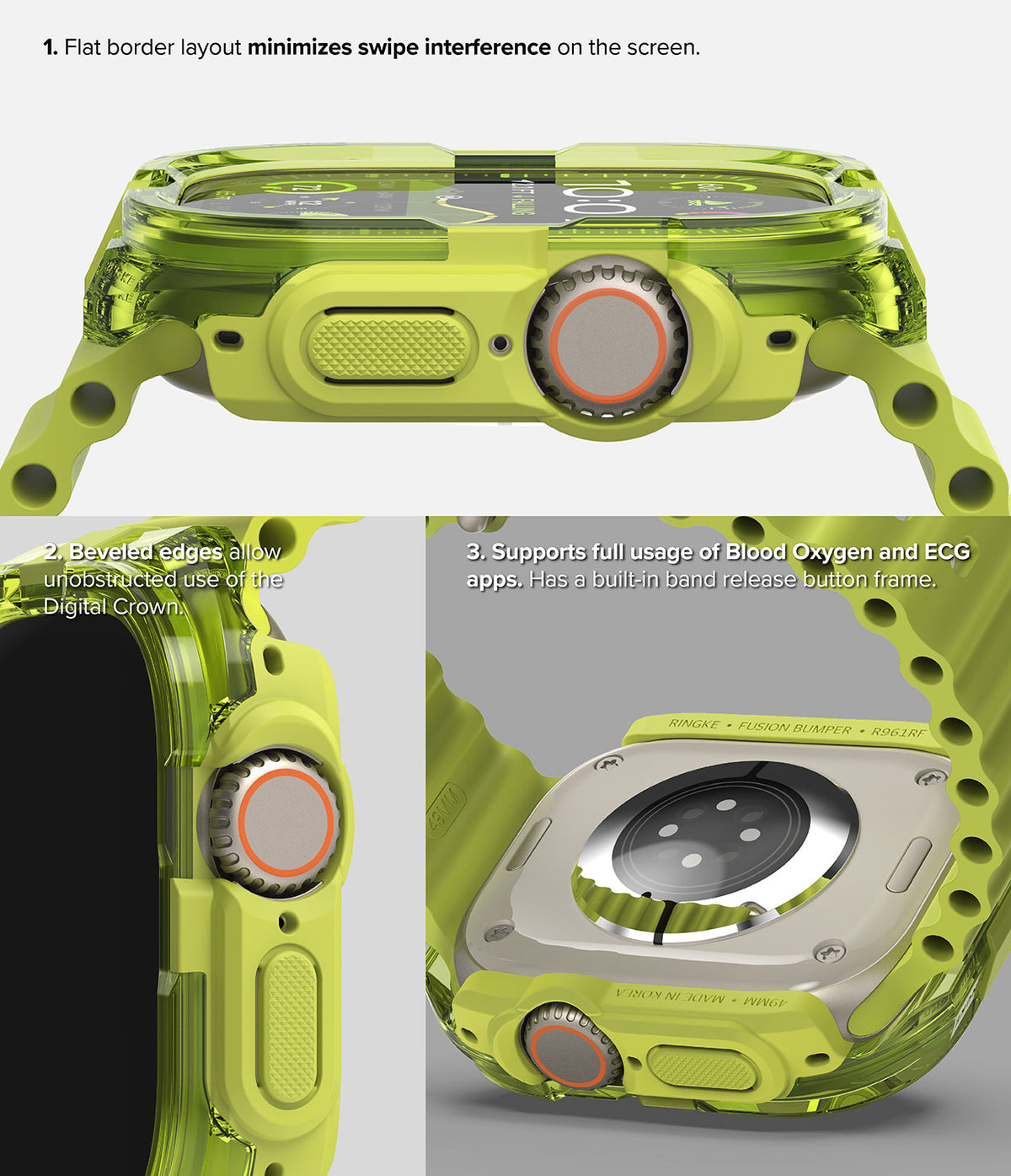 Apple Watch Ultra 3 / 2 / 1 Case | Fusion Bumper - Apple Watch Ultra Fusion Bumper - Neon green protective case showing flat edges, digital crown access, and sensor cutouts.