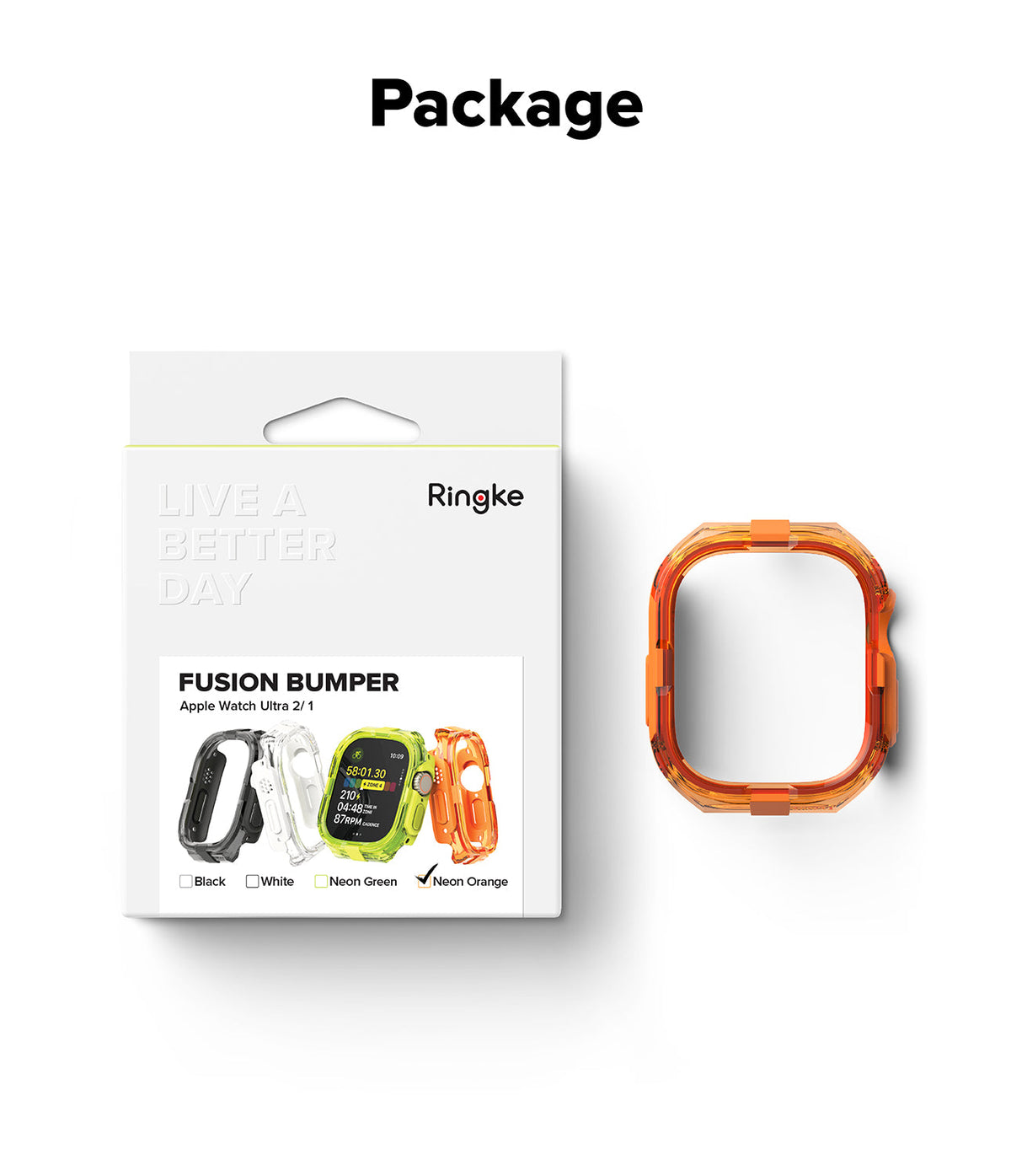 Apple Watch Ultra 3 / 2 / 1 Case | Fusion Bumper - Ringke retail packaging next to a neon orange watch bumper case.