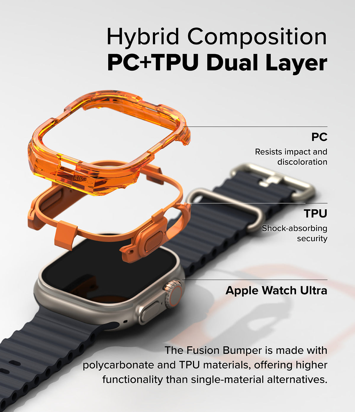 Apple Watch Ultra 3 / 2 / 1 Case | Fusion Bumper - Exploded view of a dual-layer orange bumper case for Apple Watch.
