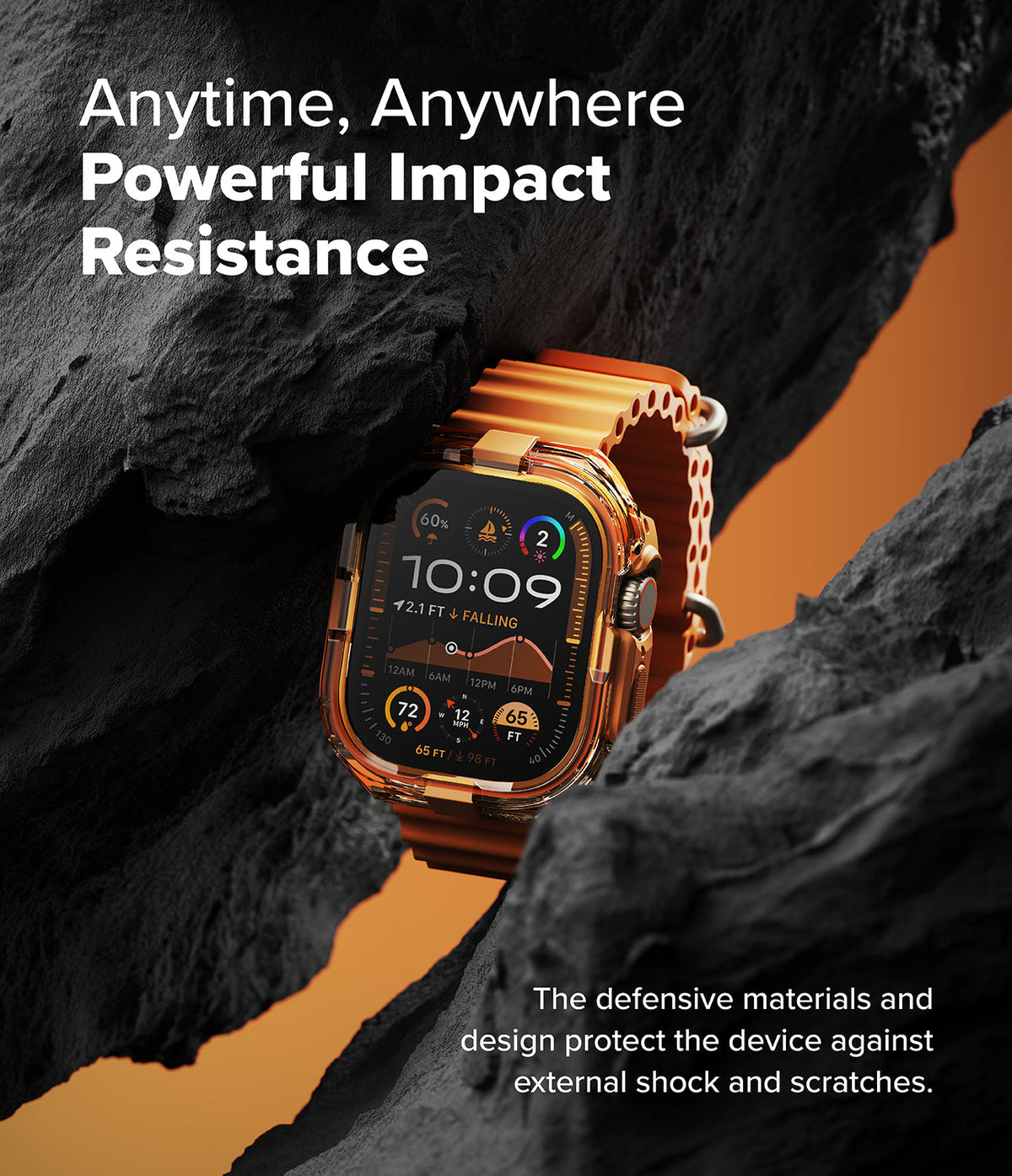 Apple Watch Ultra 3 / 2 / 1 Case | Fusion Bumper - Orange Apple Watch Ultra in a clear bumper case nestled in dark rock.