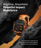 Apple Watch Ultra 3 / 2 / 1 Case | Fusion Bumper - Orange Apple Watch Ultra in a clear bumper case nestled in dark rock.