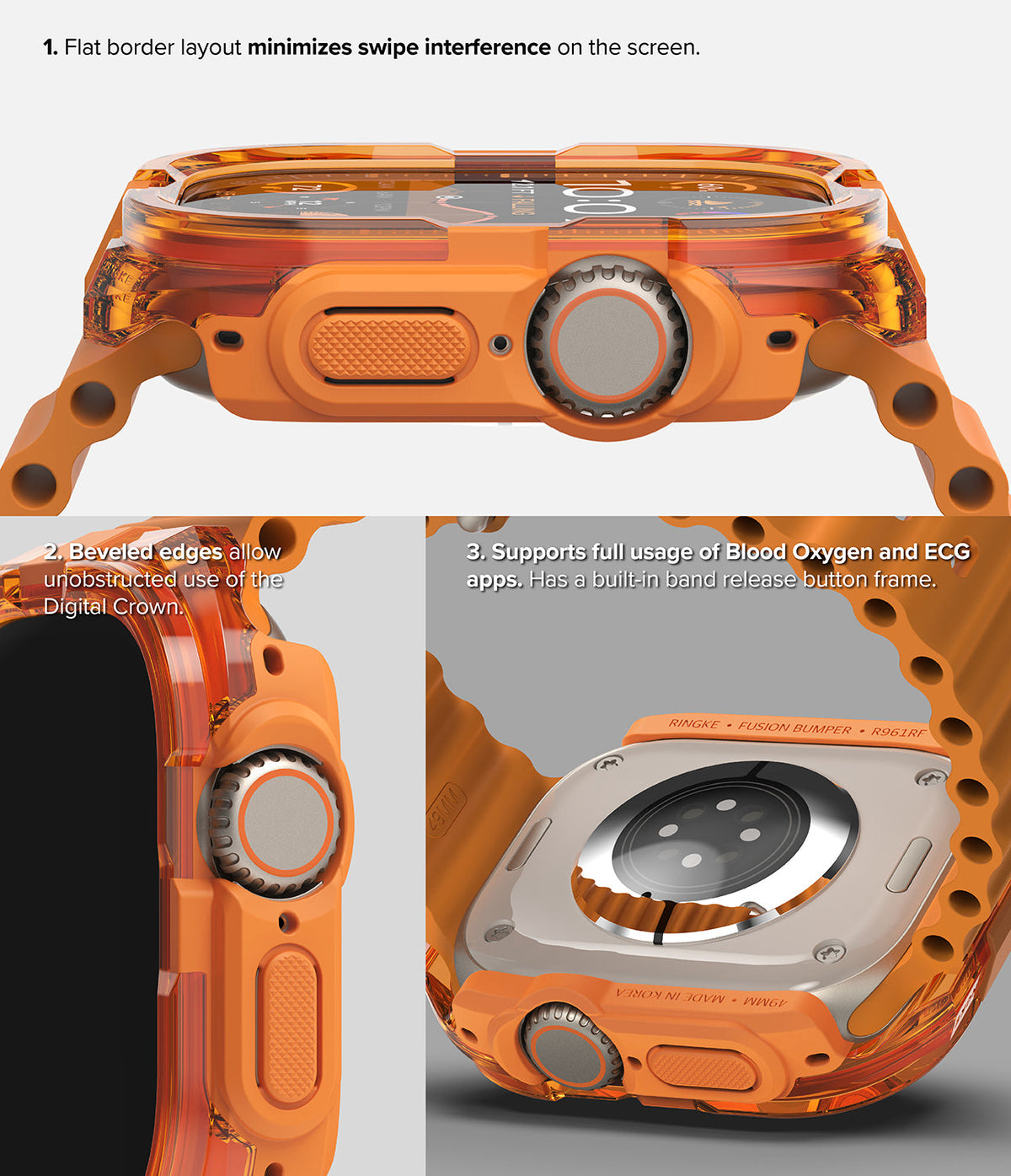 Apple Watch Ultra 3 / 2 / 1 Case | Fusion Bumper - Apple Watch Ultra Fusion Bumper - Three views showing the orange protective case with flat edges and sensor access.
