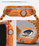 Apple Watch Ultra 3 / 2 / 1 Case | Fusion Bumper - Apple Watch Ultra Fusion Bumper - Three views showing the orange protective case with flat edges and sensor access.