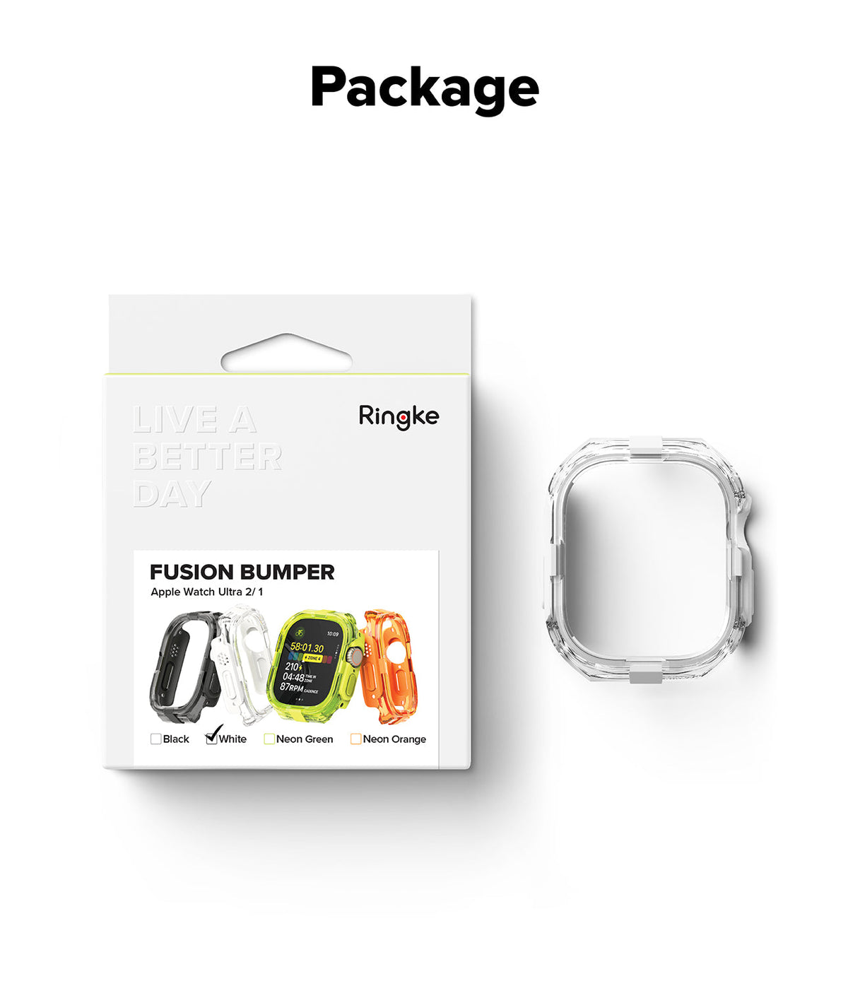 Apple Watch Ultra 3 / 2 / 1 Case | Fusion Bumper - Ringke white product packaging box next to a clear watch bumper.