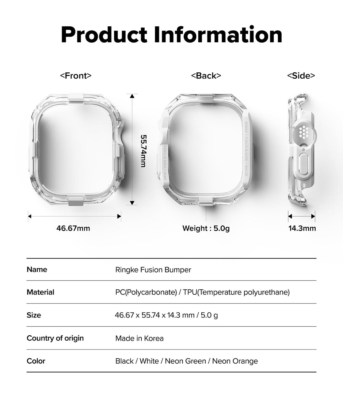 Apple Watch Ultra 3 / 2 / 1 Case | Fusion Bumper - Apple Watch Ultra Fusion Bumper - Technical diagram showing front, back, and side views with dimensions and specifications.