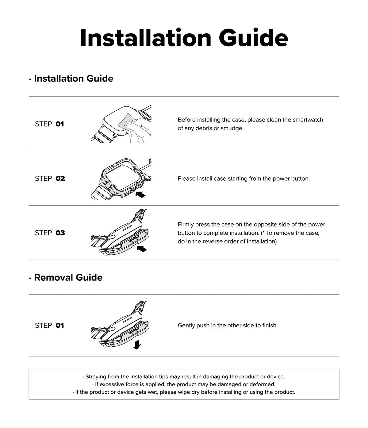 Apple Watch Ultra 3 / 2 / 1 Case | Fusion Bumper - Illustrated guide showing steps to clean, install, and remove the watch case.