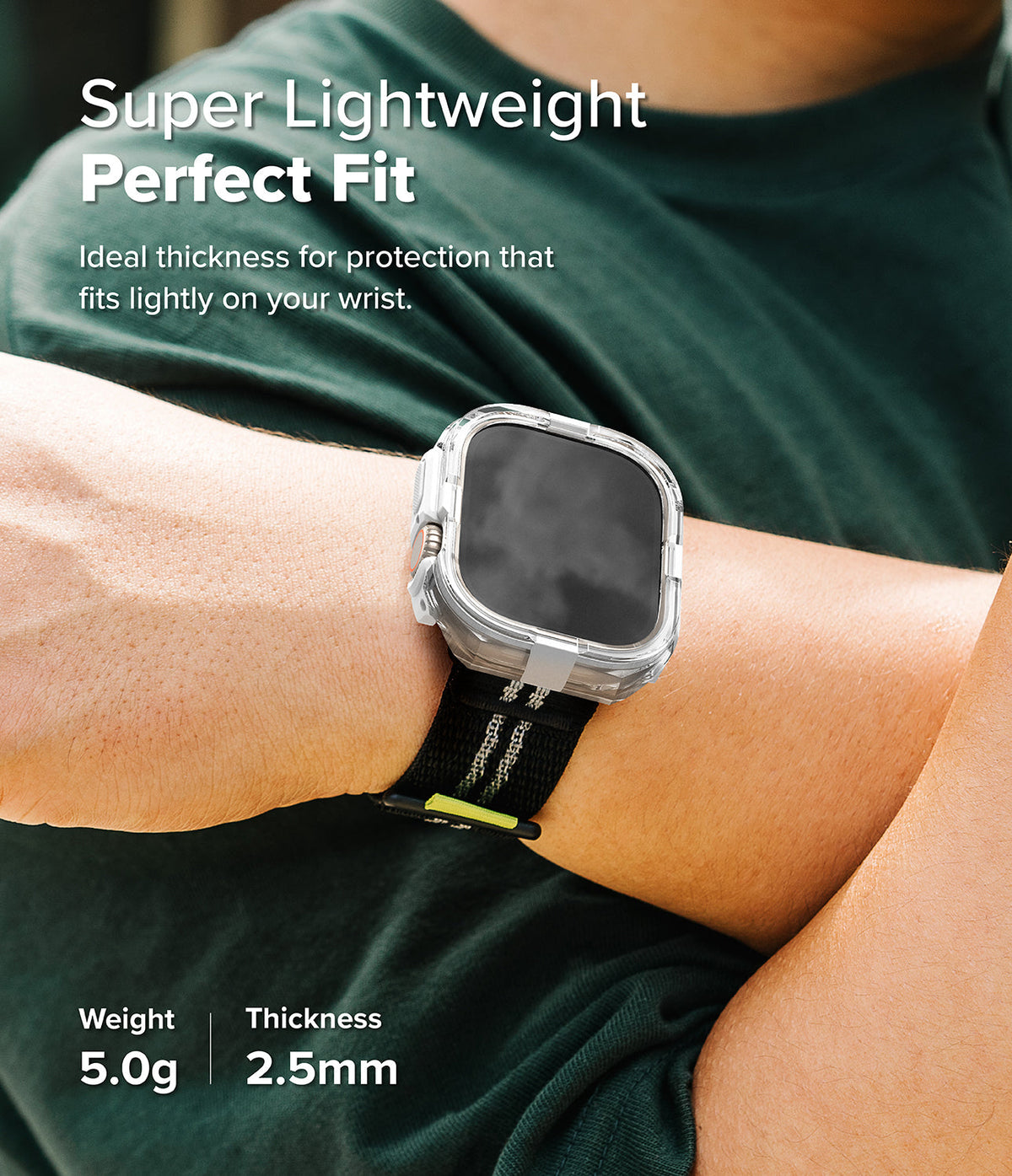 Apple Watch Ultra 3 / 2 / 1 Case | Fusion Bumper - Clear protective bumper case on an Apple Watch Ultra worn on a wrist.