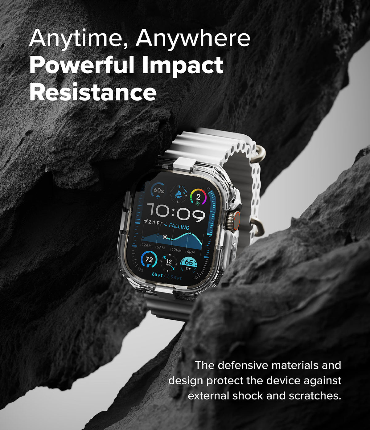 Apple Watch Ultra 3 / 2 / 1 Case | Fusion Bumper - Clear protective bumper case on an Apple Watch Ultra nestled in rock.