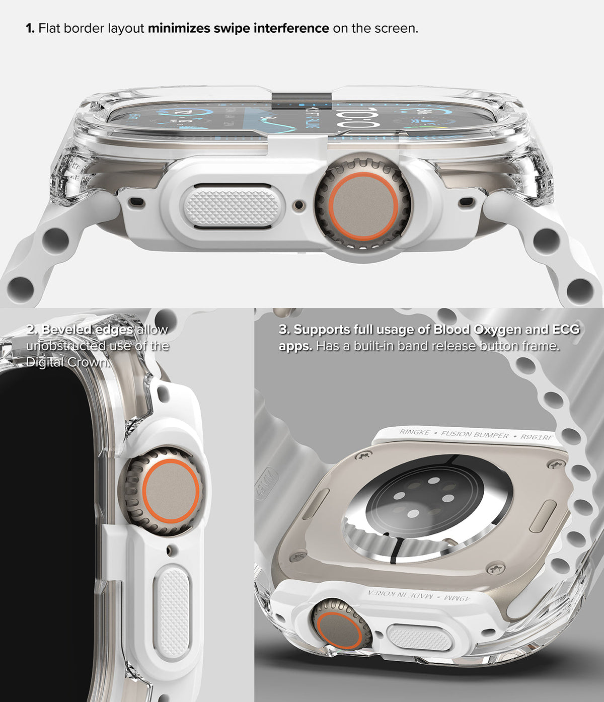 Apple Watch Ultra 3 / 2 / 1 Case | Fusion Bumper - Three views of a clear, white protective bumper case on an Apple Watch.