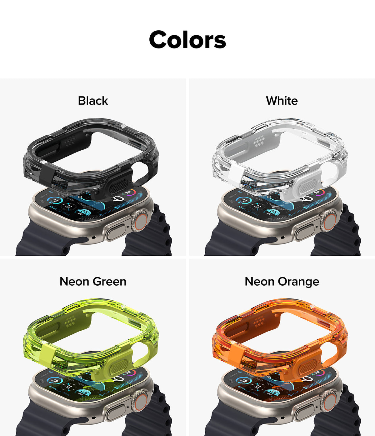 Apple Watch Ultra 3 / 2 / 1 Case | Fusion Bumper - Apple Watch Ultra Fusion Bumper - Four color options of protective watch bumpers shown above an Apple Watch Ultra.