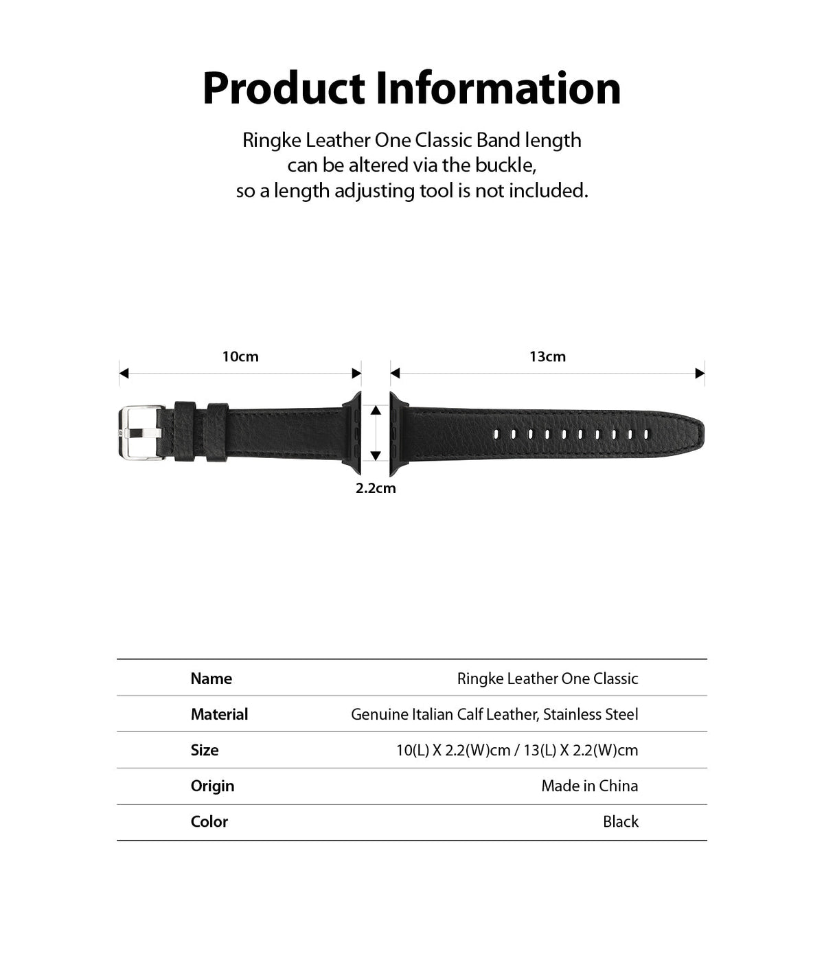 Apple Watch 49·46·45·44·42 mm | Leather One Classic Band - Apple Watch Leather One Classic Band - Technical diagram showing dimensions and material specs for a black leather strap.