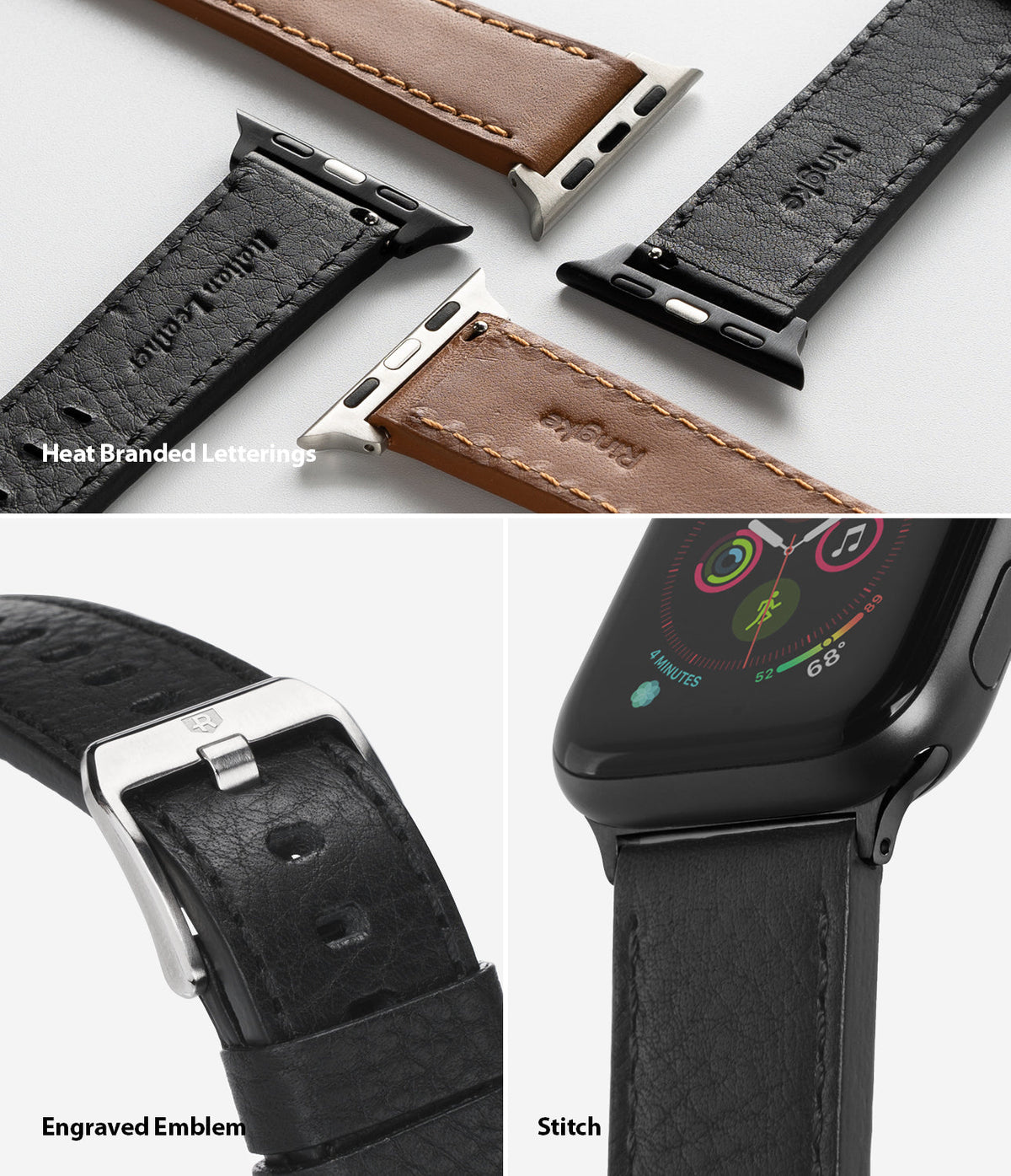 Apple Watch 49·46·45·44·42 mm | Leather One Classic Band - Leather watch bands showing heat-branded logos, metal buckles, and stitching details on an Apple Watch.