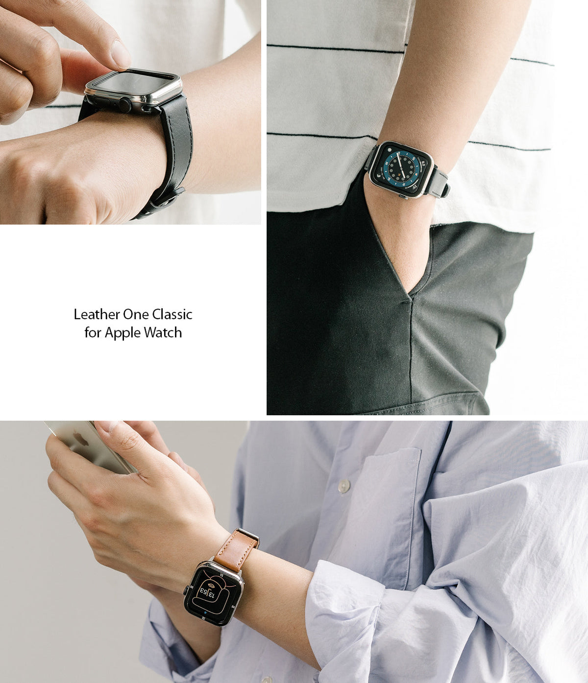 Apple Watch 49·46·45·44·42 mm | Leather One Classic Band - Close-ups of black and tan leather bands on Apple Watches.