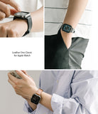 Apple Watch 49·46·45·44·42 mm | Leather One Classic Band - Close-ups of black and tan leather bands on Apple Watches.