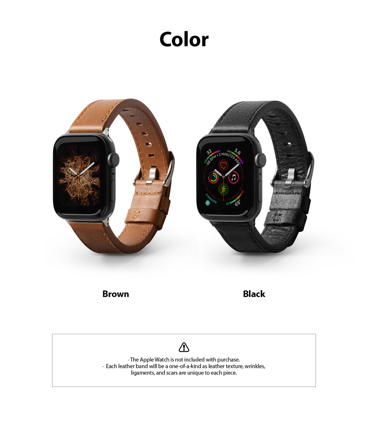 Apple Watch 49·46·45·44·42 mm | Leather One Classic Band - Two Apple Watches with brown and black leather bands.