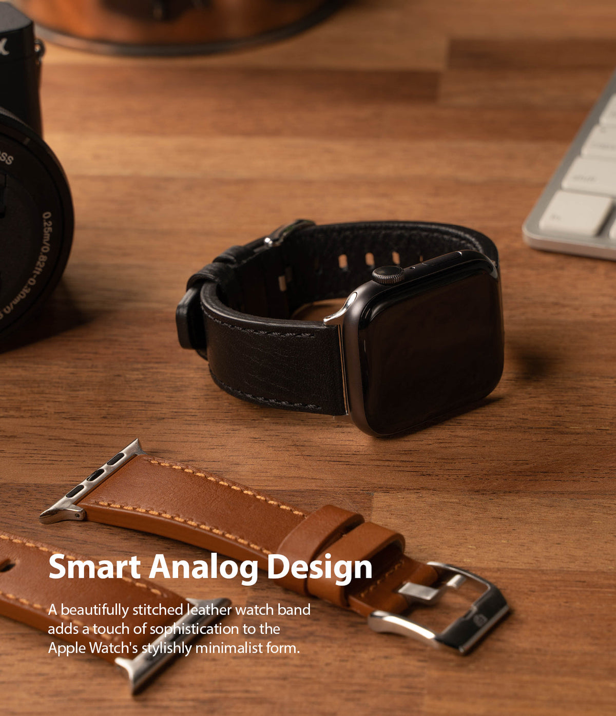 Apple Watch 49·46·45·44·42 mm | Leather One Classic Band - Black leather watch band on Apple Watch beside tan strap.