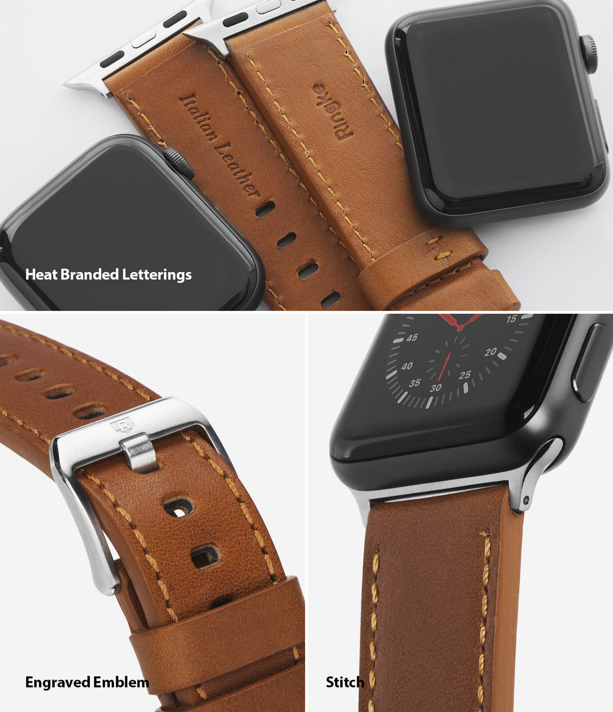 Apple Watch 49·46·45·44·42 mm | Leather One Classic Band - Brown leather watch band featuring heat branding, stitching, and a metal buckle with an engraved logo.