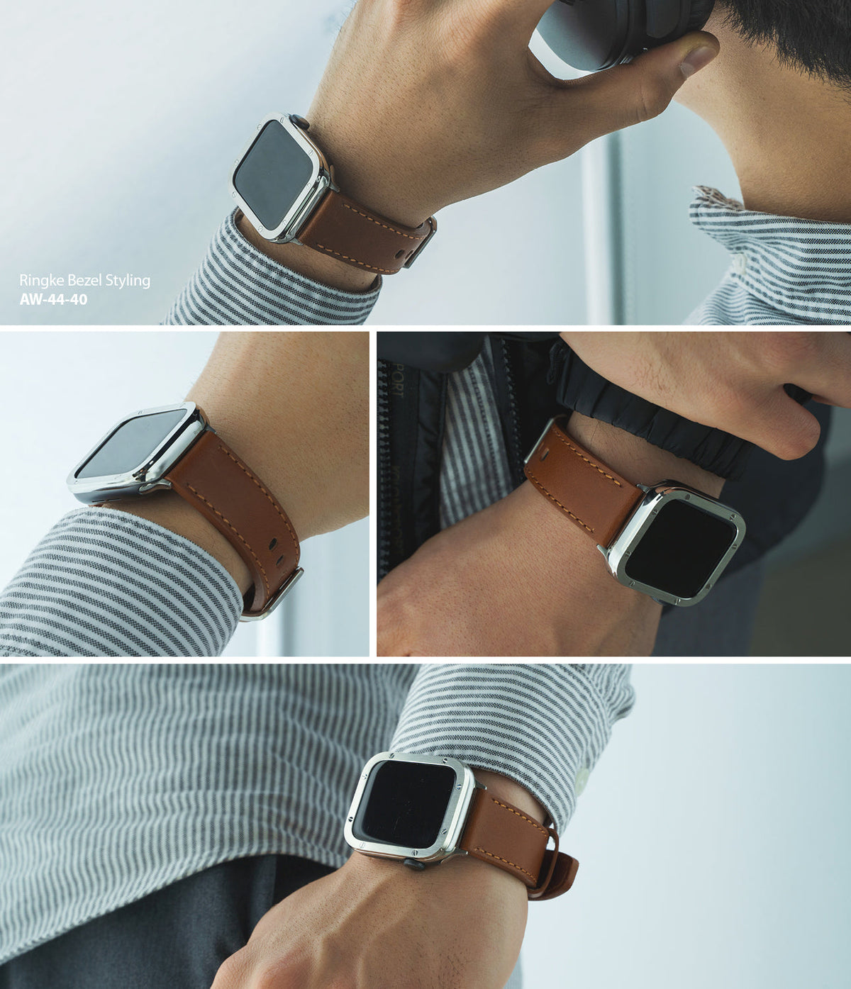 Apple Watch 49·46·45·44·42 mm | Leather One Classic Band - Four views of a brown leather watch band on a silver Apple Watch.