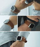 Apple Watch 49·46·45·44·42 mm | Leather One Classic Band - Four views of a brown leather watch band on a silver Apple Watch.