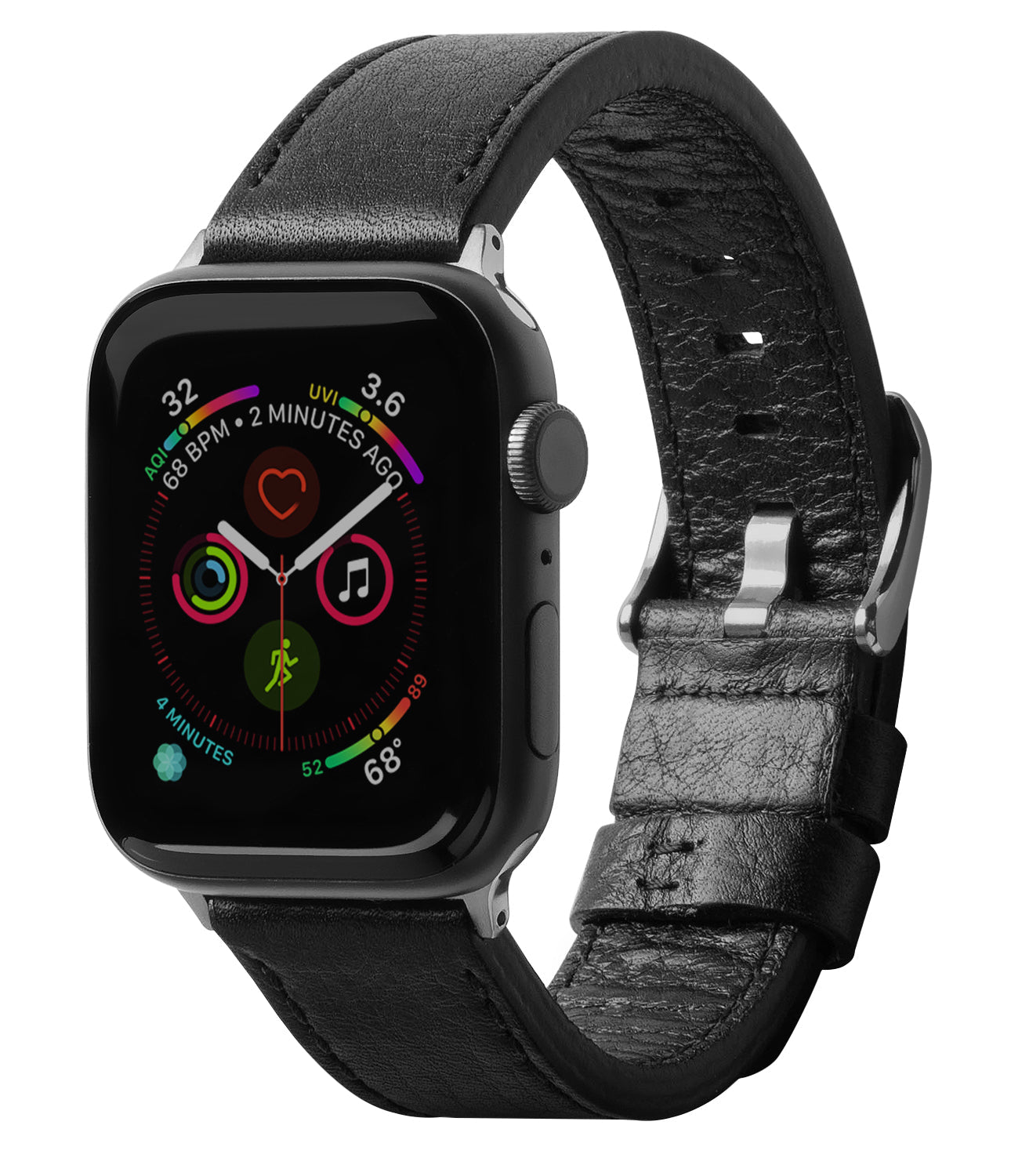 Apple Watch 49·46·45·44·42 mm | Leather One Classic Band - Black leather watch band attached to an Apple Watch face.