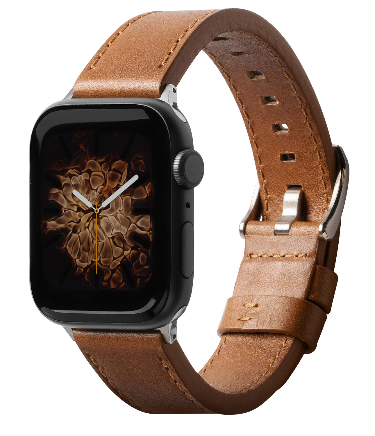 Apple Watch 49·46·45·44·42 mm | Leather One Classic Band - Black Apple Watch with brown leather strap on white background.