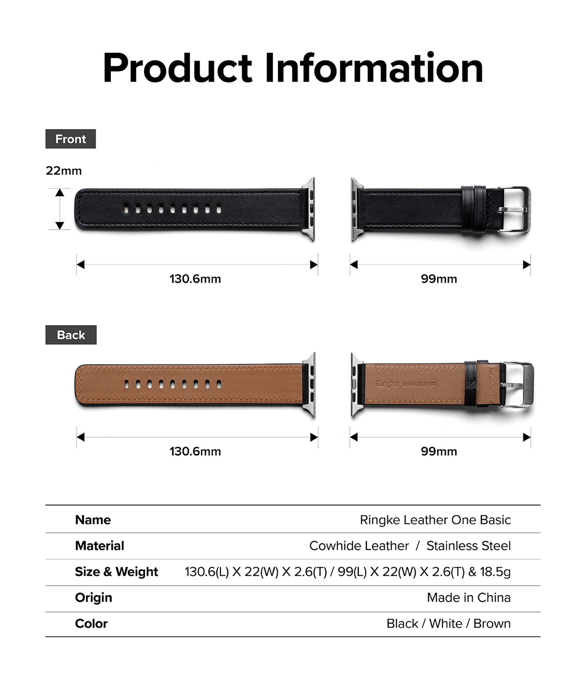 Apple Watch 49·46·45·44·42mm | Leather One Basic - Technical diagram showing dimensions of a black leather watch strap.