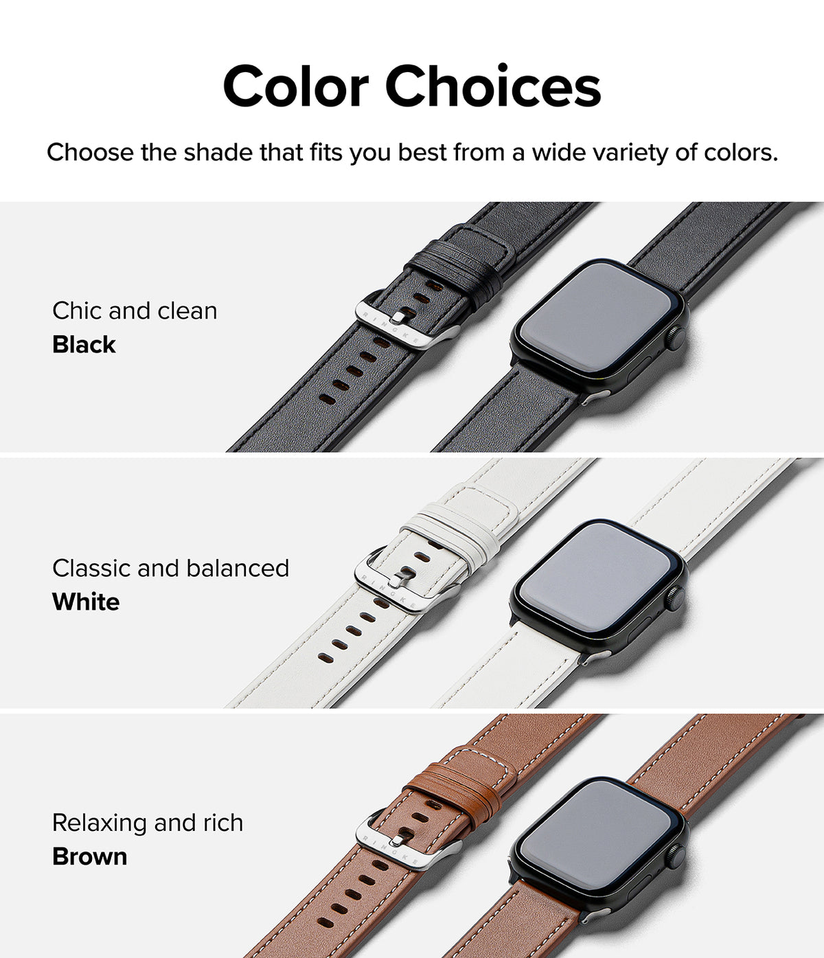 Apple Watch 49·46·45·44·42mm | Leather One Basic - Three Apple Watches with black, white, and brown leather bands.