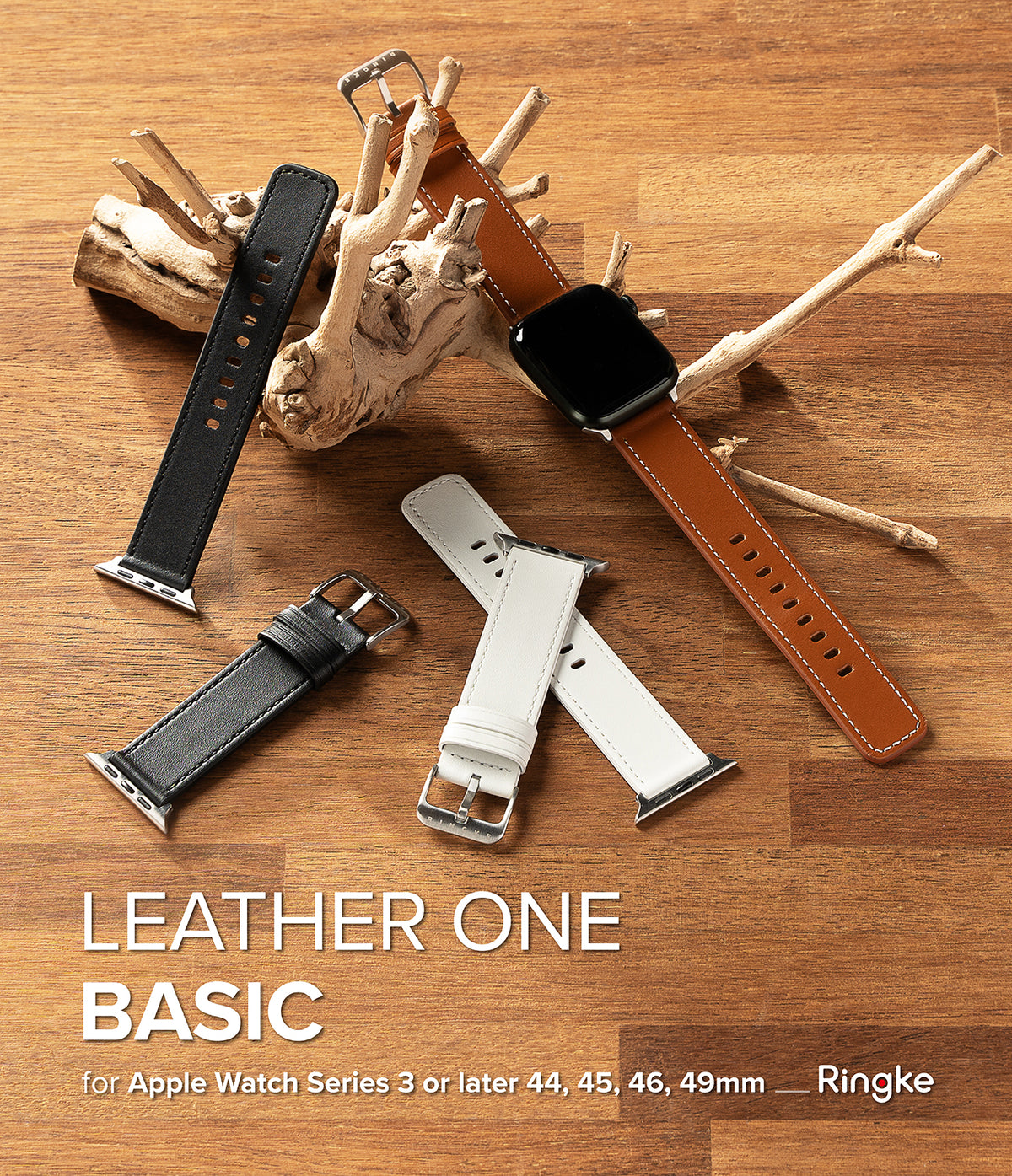 Apple Watch 49·46·45·44·42mm | Leather One Basic - Apple Watch with tan leather strap and extra black and white bands.