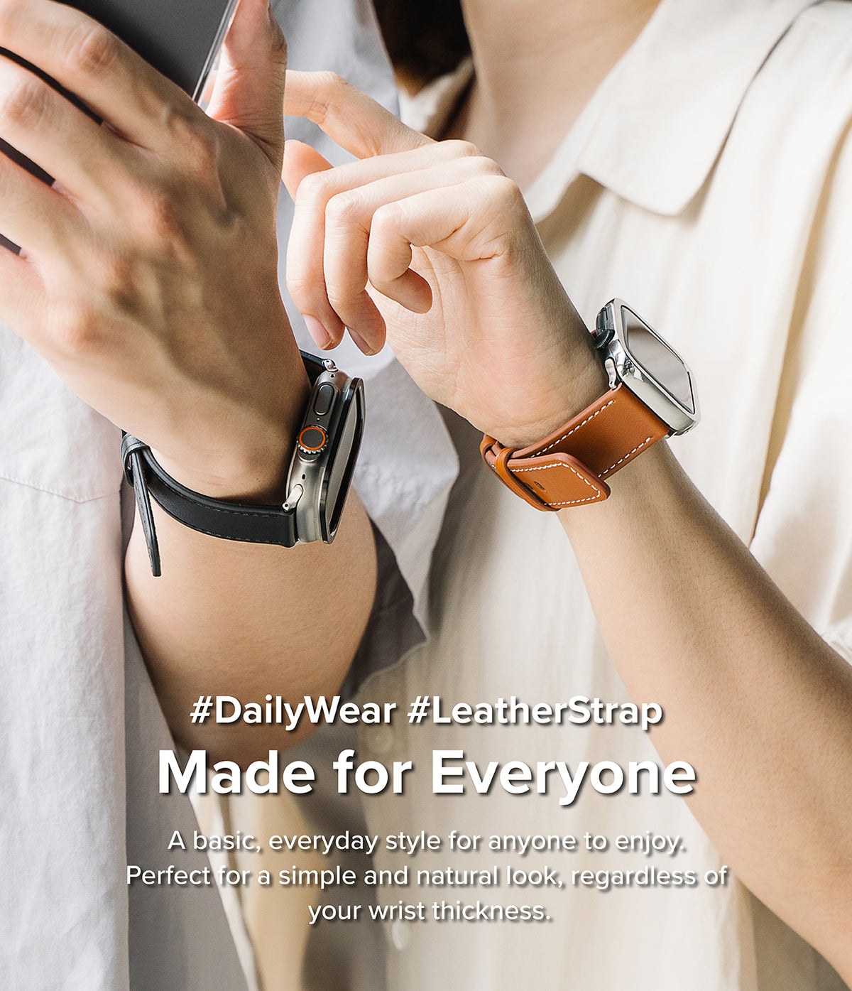 Apple Watch 49·46·45·44·42mm | Leather One Basic - Two people wearing Apple Watches with black and tan leather straps.
