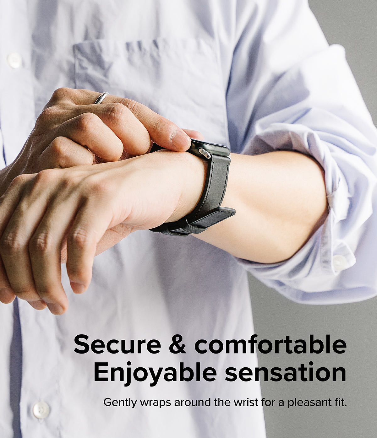 Apple Watch 49·46·45·44·42mm | Leather One Basic - Person wearing a black leather watch band on their wrist.