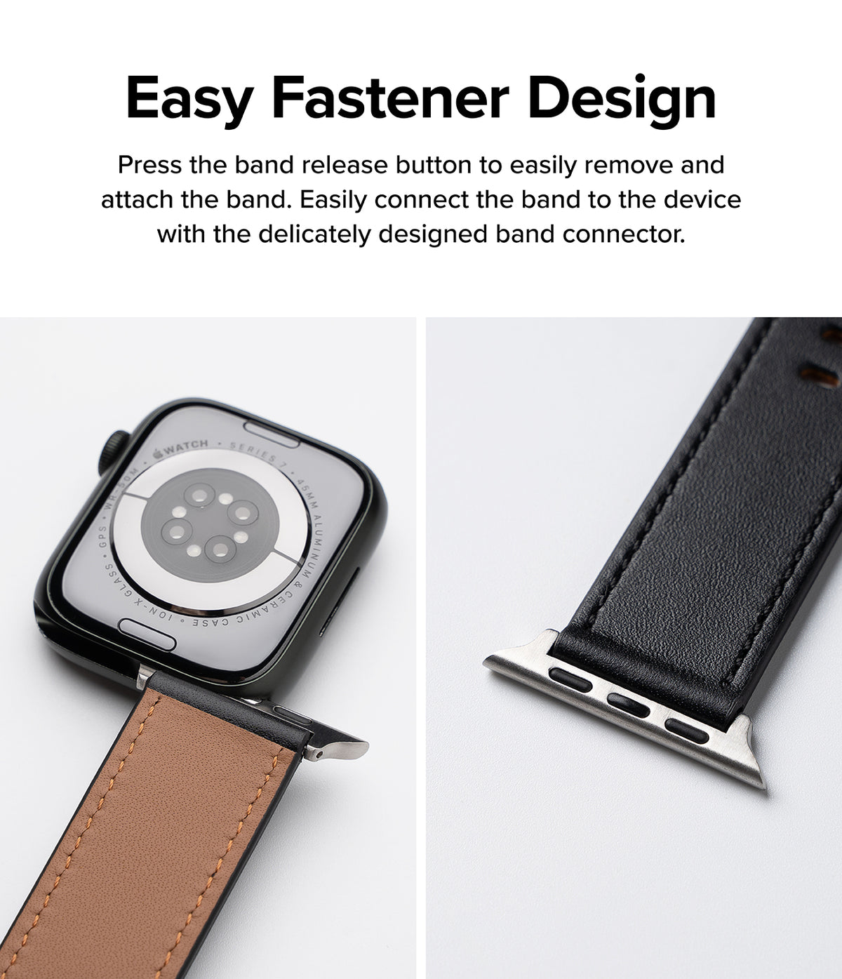 Apple Watch 49·46·45·44·42mm | Leather One Basic - Close-up of a black leather watch band attaching to an Apple Watch.