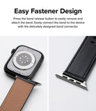 Apple Watch 49·46·45·44·42mm | Leather One Basic - Close-up of a black leather watch band attaching to an Apple Watch.