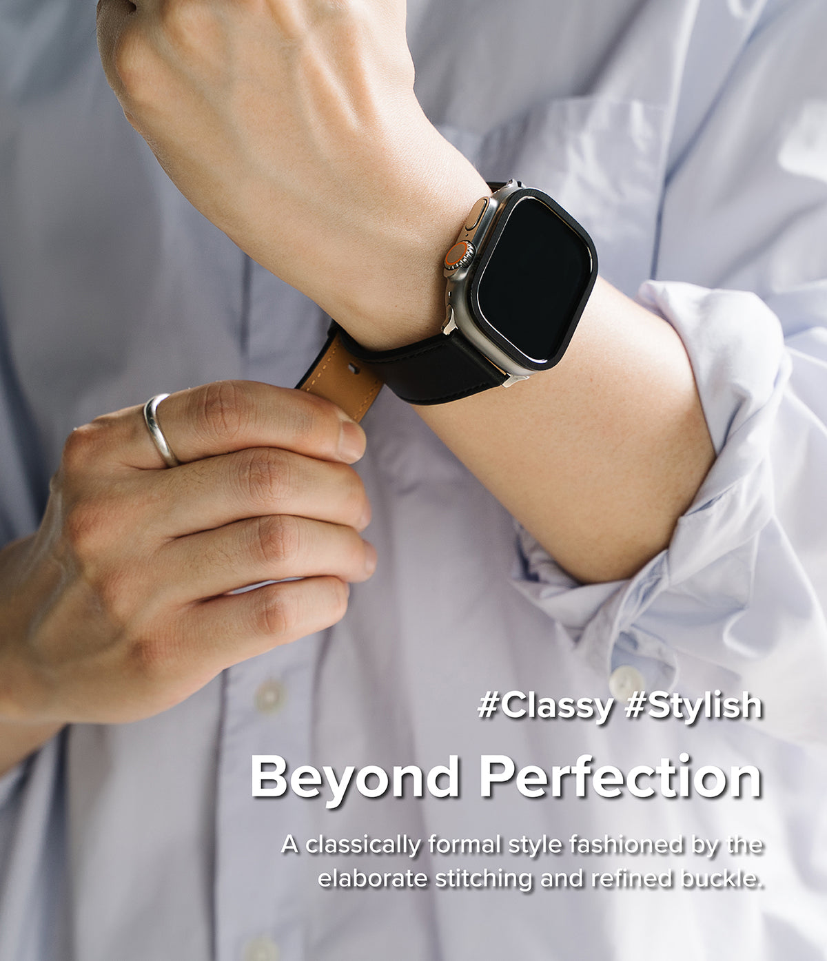 Apple Watch 49·46·45·44·42mm | Leather One Basic Bold - Person wearing a black leather watch band on an Apple Watch.