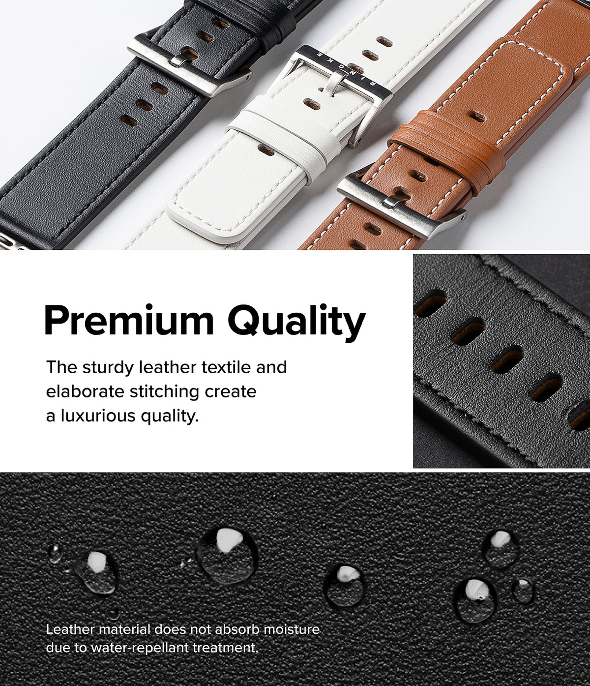 Apple Watch 49·46·45·44·42mm | Leather One Basic Bold - Apple Watch Leather One Basic Bold - Three leather watch bands in black, white, and brown with water-repellent texture.