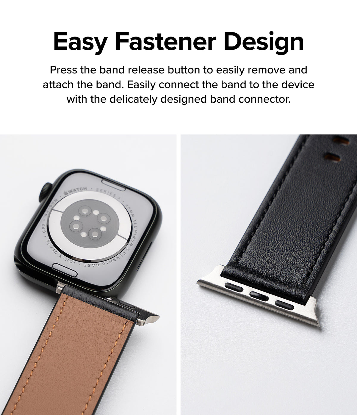 Apple Watch 49·46·45·44·42mm | Leather One Basic Bold - Close-up of a black leather watch band attaching to an Apple Watch.