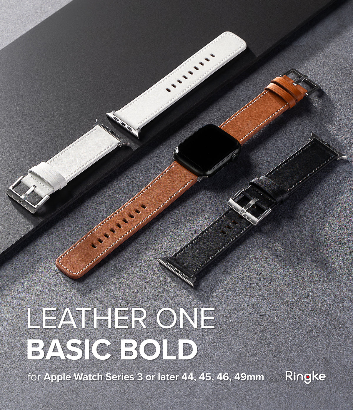 Apple Watch 49·46·45·44·42mm | Leather One Basic Bold - Three leather Apple Watch bands in white, brown, and black.