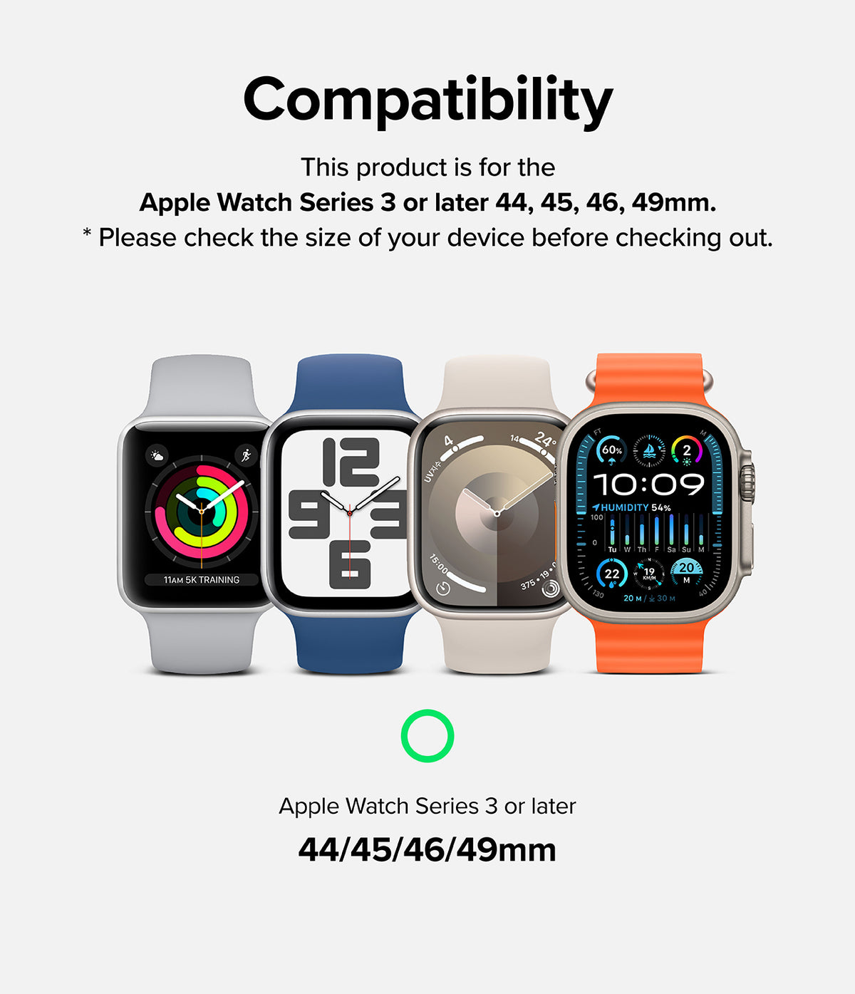 Apple Watch 49·46·45·44·42mm | Leather One Basic Bold - Compatibility chart showing four Apple Watch models and sizes.