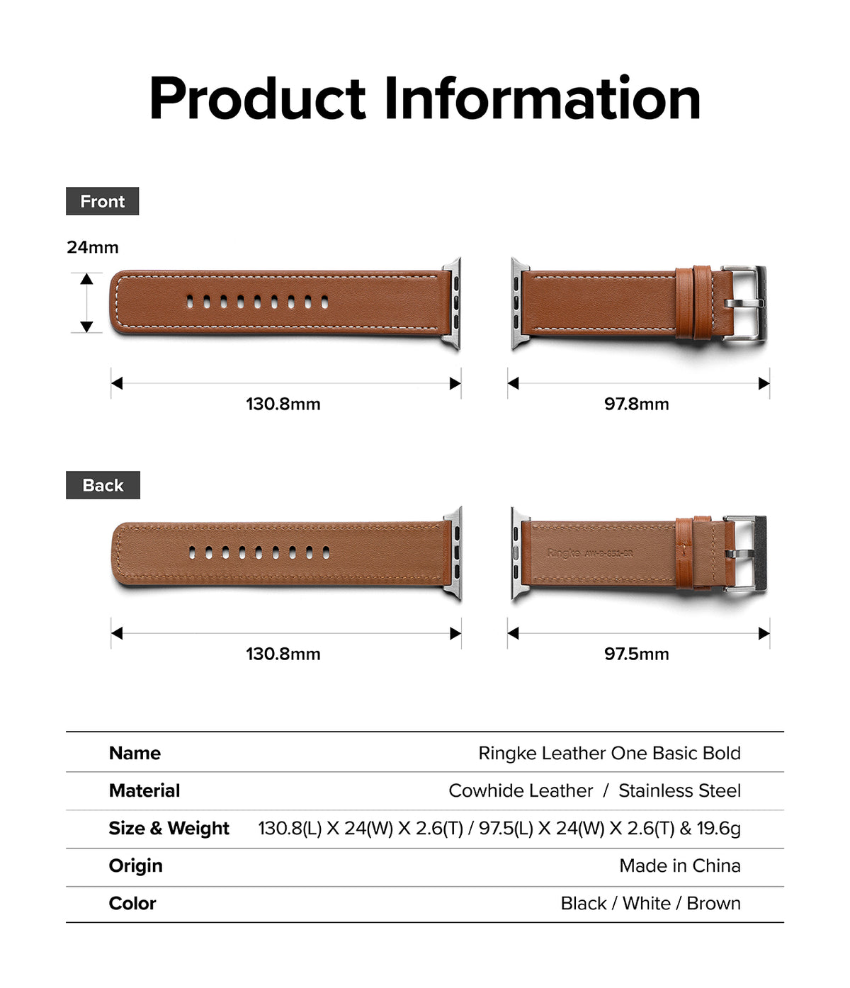 Apple Watch 49·46·45·44·42mm | Leather One Basic Bold - Technical diagram of a brown leather watch strap with dimensions.