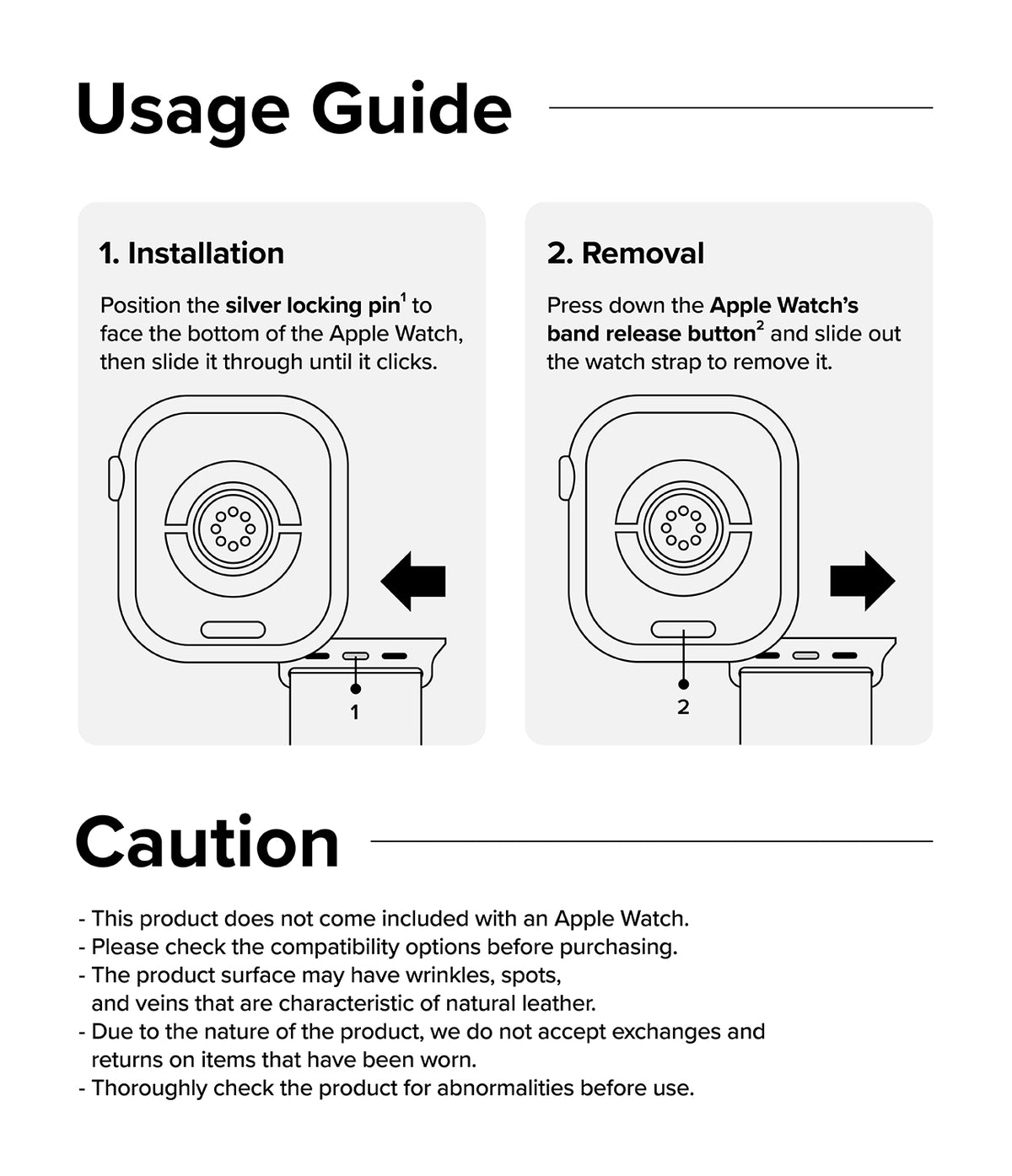 Apple Watch 49·46·45·44·42mm | Leather One Basic Bold - Instructional diagram for installing and removing a watch strap.