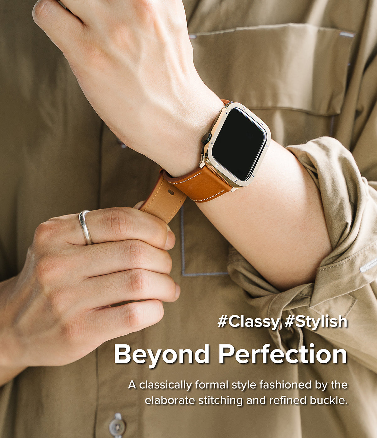 Apple Watch 49·46·45·44·42mm | Leather One Basic Bold - A person wearing a tan leather watch band on an Apple Watch.